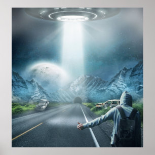 Poster fantasia surreal estrangeira da nave espacial e do
