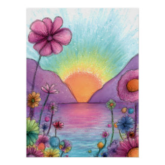 Póster Fantasie Landschaft mit Blumen - Pastell Stil