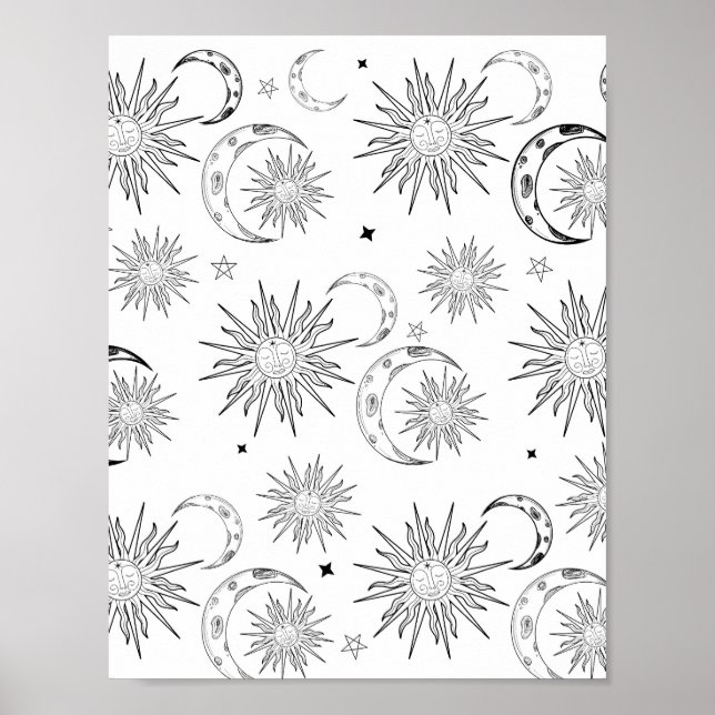 Poster Fantasioso Sol Preto e Branco Astronomia Astrologi (Frente)