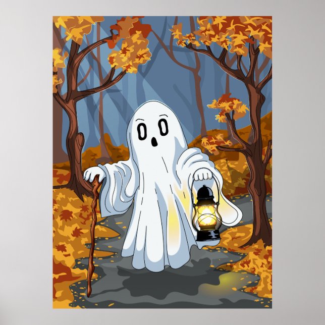 Poster Fantasma Assustador com Lanterna na Floresta de Ou (Frente)