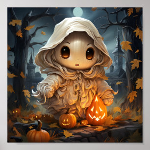 Poster Fantasma Bonita Do Halloween Com Pumpkins Laranja