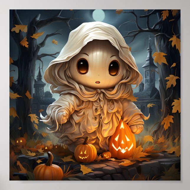 Poster Fantasma Bonita Do Halloween Com Pumpkins Laranja (Frente)