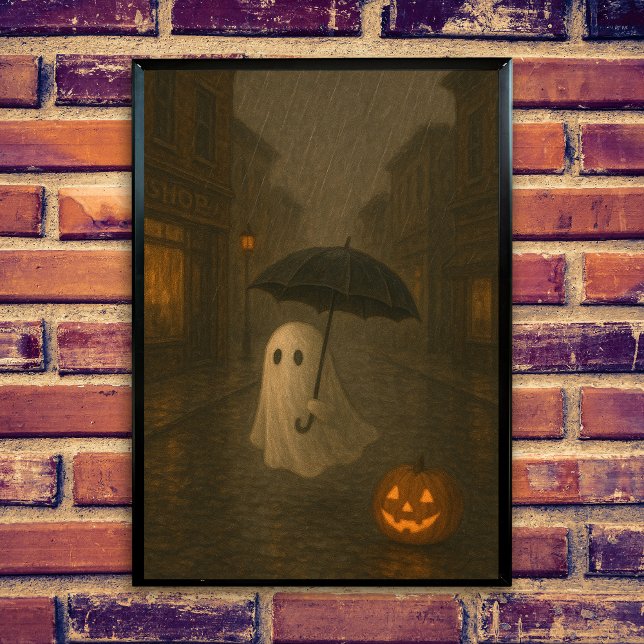 Poster Fantasma Bonito com Guarda-chuvas | Halloween Dark (Cute ghost in the rain, spooky halloween scene, umbrella, dark academis design, jack o lantern.)