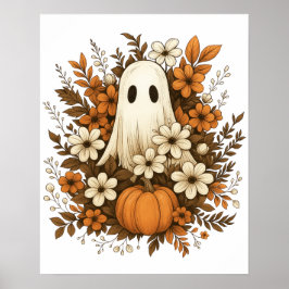 Poster Fantasma Bonito Com Pumpkin E Flores De Queda - Ha