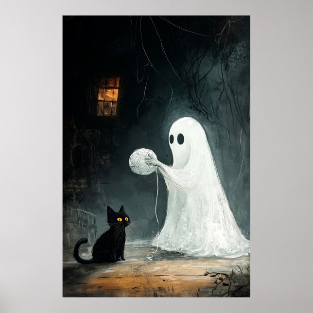 Poster Fantasma das Halloween e Gato Negro Brincando com  (Frente)