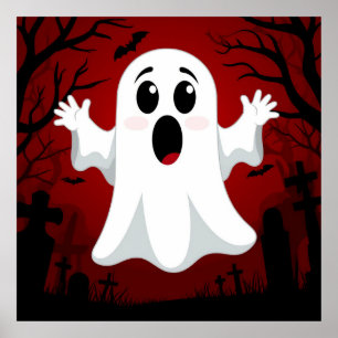 Poster Fantasma de Desenho Adorável no Halloween Assustad