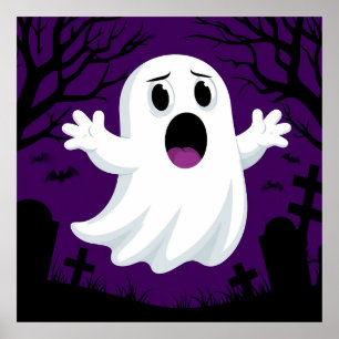 Poster Fantasma de Desenho Adorável no Halloween Assustad