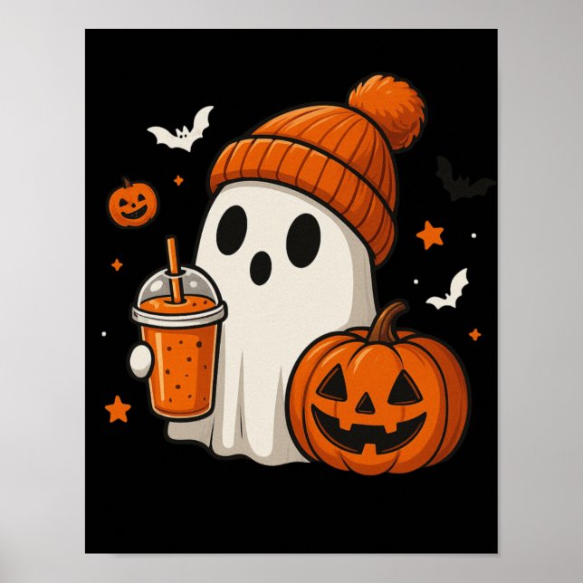 Poster Fantasma de Halloween Fofo com Abóbora e Bebida  (Frente)