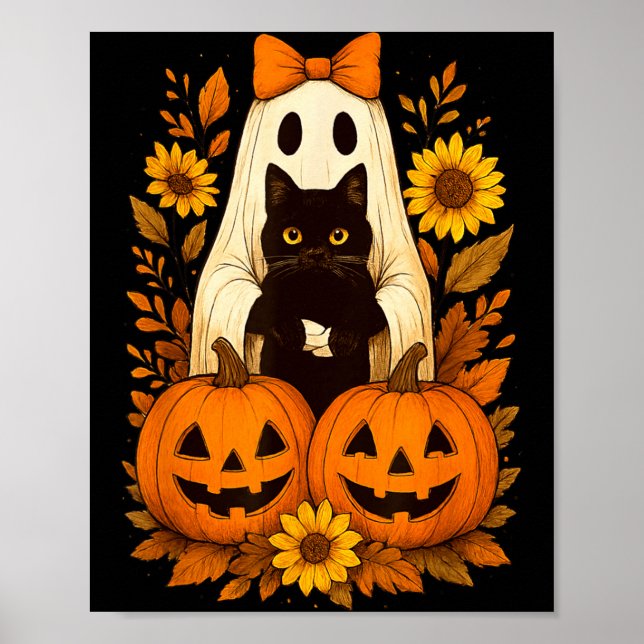 Poster Fantasma de Halloween Fofo Vintage Segurando Gato  (Frente)