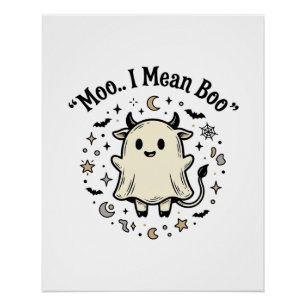 Póster Fantasma de Vaca Fofa Halloween Moo Boo Design Vin