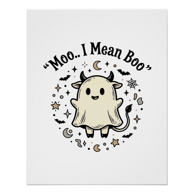 Póster Fantasma de Vaca Fofa Halloween Moo Boo Design Vin (Frente)