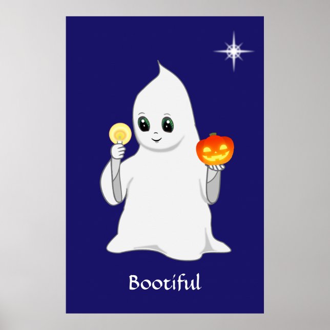 Poster Fantasma e Abóbora de Halloween Fofos em Azul Mari (Frente)
