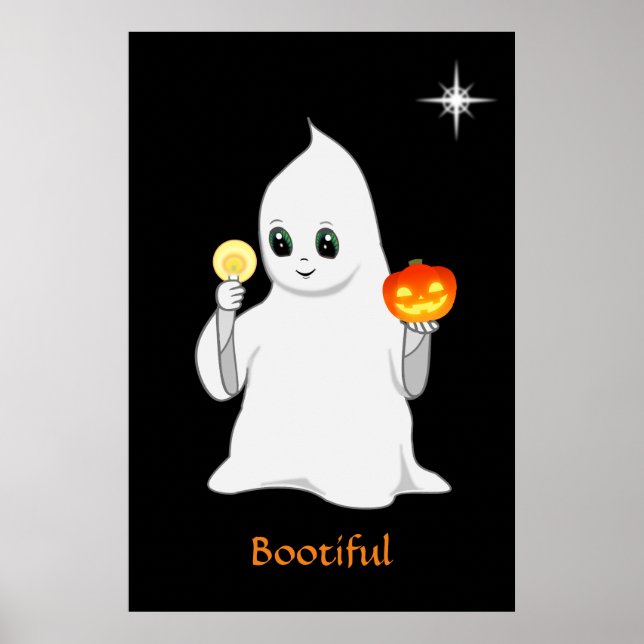 Poster Fantasma e Abóbora de Halloween Fofos em Preto (Frente)