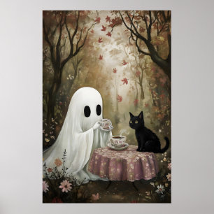 Poster Fantasma e Gato Preto Estão Bebendo Chá no Outono