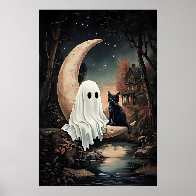 Poster Fantasma e gato preto voando em uma lua em sombrio (Frente)