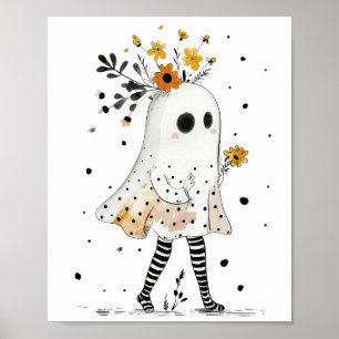 Poster Fantasma em Aquarela & Girassóis Halloween Caprich
