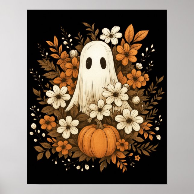 Poster Fantasma Fofo Com Abóbora E Flores De Outono – Hal (Frente)