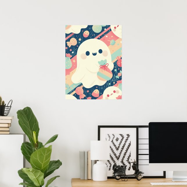 Poster Fantasma Fofo com Sacola de Doces em Estilo de Cor (Escritório em casa)