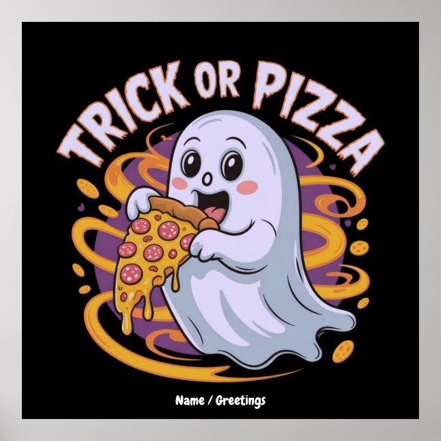 Poster Fantasma Fofo Comendo Pizza Diversão Assustadora T (Frente)