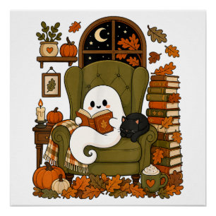 Póster Fantasma Fofo Lendo Livro Gato Preto Outono Abóbor