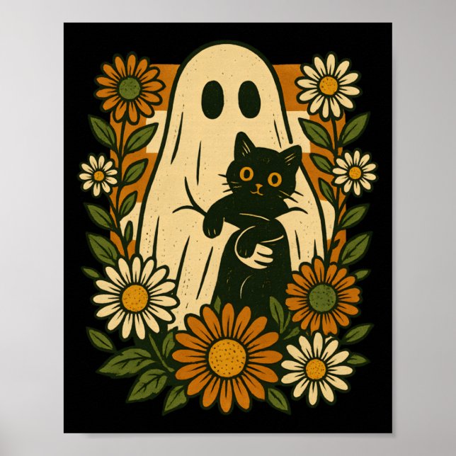 Poster Fantasma Fofo Segurando Gato Preto Floral Groovy E (Frente)