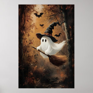 Poster Fantasma Fofo Voando Em Uma Vassoura De Bruxa No O