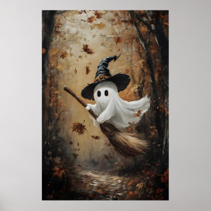 Poster Fantasma fofo voando em uma vassoura de bruxa no o