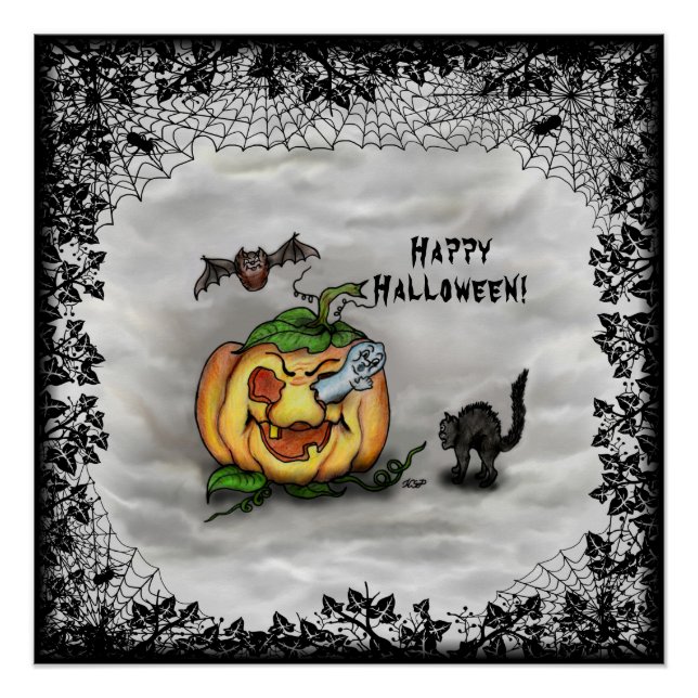 Póster Fantasma, Gato, Bat e Pumpkin, Feliz Halloween! (Frente)