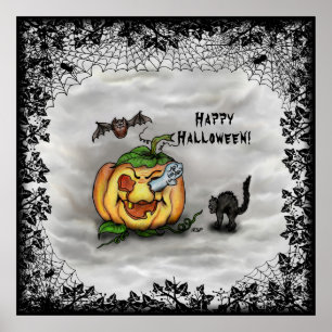 Poster Fantasma, Gato, Bat e Pumpkin, Feliz Halloween!