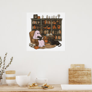 Poster Fantasma lendo livro Amante de gatos Halloween