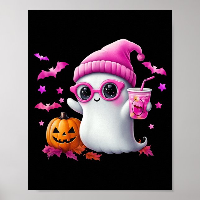 Poster Fantasma Rosa Fofo de Halloween - Fantasma Retro D (Frente)
