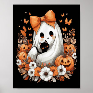 Poster Fantasma Vintage do Halloween com Abóbora de Gato