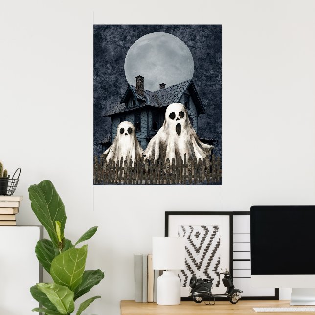 Poster Fantasmas Brancos Assustadores num Fundo Assombrad (Escritório em casa)