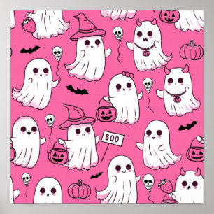 Poster Fantasmas Cor-de-Rosa do Halloween Kawaii Assustad