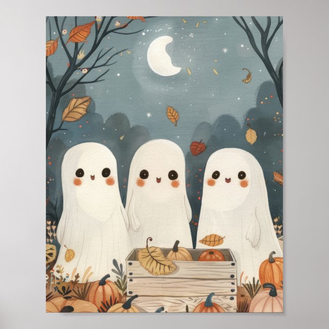 Poster Fantasmas Fofos e Abóboras Halloween Caprichoso (Frente)