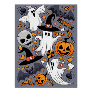 Póster Fantasmas Spooky e Monstros Cute Assustadores