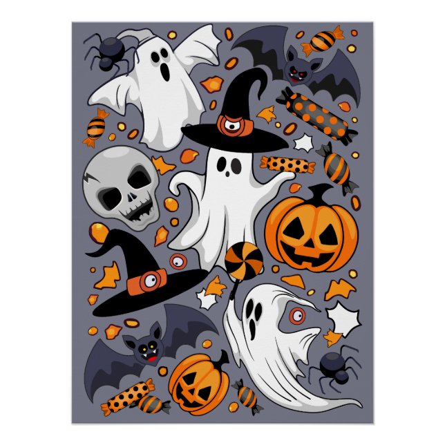 Póster Fantasmas Spooky e Monstros Cute Assustadores (Frente)