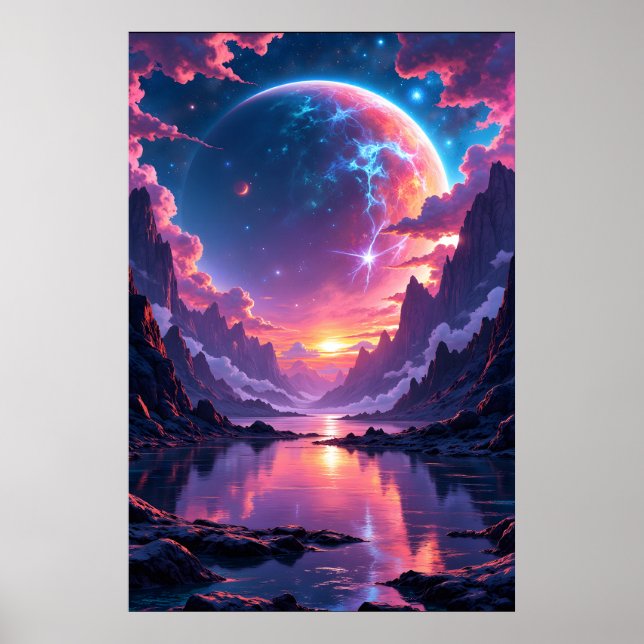 Poster Fantastic Planet Rising over Mountains and Water  (Frente)