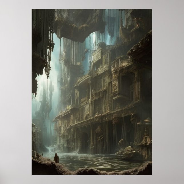 Poster fantástico de cidade inundável abandonada (Frente)