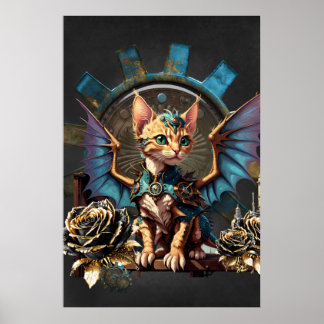 Poster Fantástico gato steampunk de fantasia.