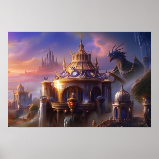 Poster Fantasy Art Fairytale Castles Mystical Dragon (Frente)