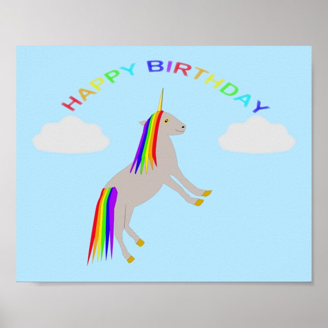 Poster Fantasy Birthday Unicorn Rainbow and Clouds (Frente)