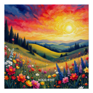 Póster Fantasy Colinas Bonitas Flores Sunset