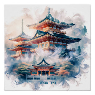 Póster Fantasy Cujo Templo Japonês Watercolor