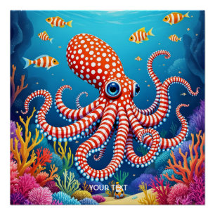 Póster Fantasy Cute Checked Octopus Sea