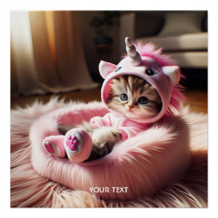 Póster Fantasy Cute Kitten Unicorn Bed
