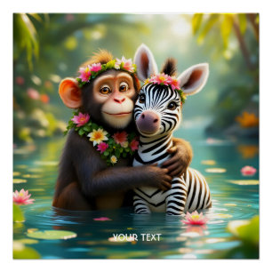 Póster Fantasy Cute Monkey Zebra Hug