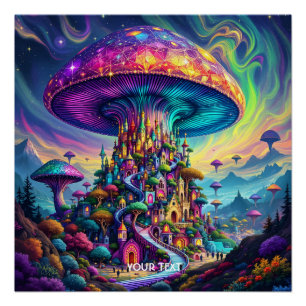 Póster Fantasy Cute Mushroom Rainbow Skies