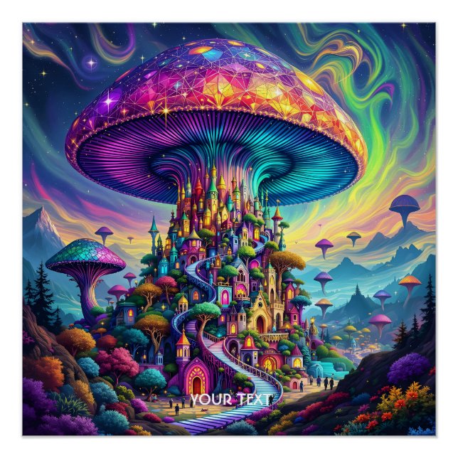 Póster Fantasy Cute Mushroom Rainbow Skies (Frente)