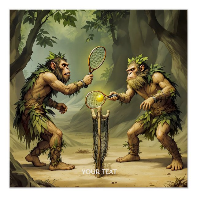 Póster Fantasy Cute Neandertals Playing Tennis (Frente)